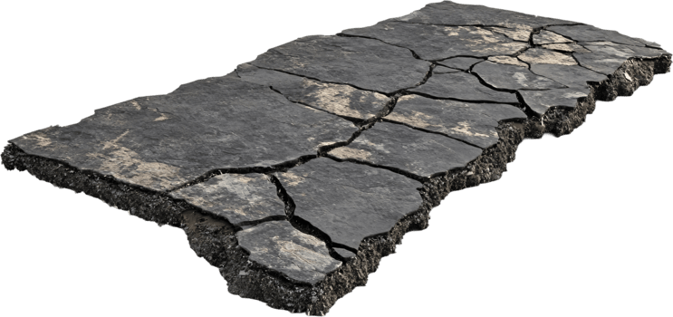 Cracked asphalt slab with visible cross-section, revealing layers and damage, suggesting age, neglect, or environmental impact. png