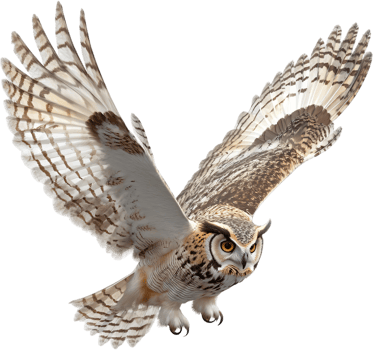 Majestic owl soars through the air, wings spread wide, feathers detailed in shades of brown, white, and cream, eyes piercing and yellow. png