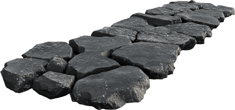 Stone Pathway, Irregular dark gray rocks forming a rough pathway against a solid black background for a natural, rustic aesthetic. png