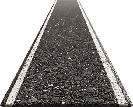 Perspective view of an asphalt road with a single white line marking one of the edges, disappearing into the distance against a black background. png
