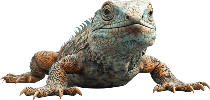 A vibrant close-up reveals the intricate details of an iguana. Its textured skin displays shades of green, brown, and orange hues. png