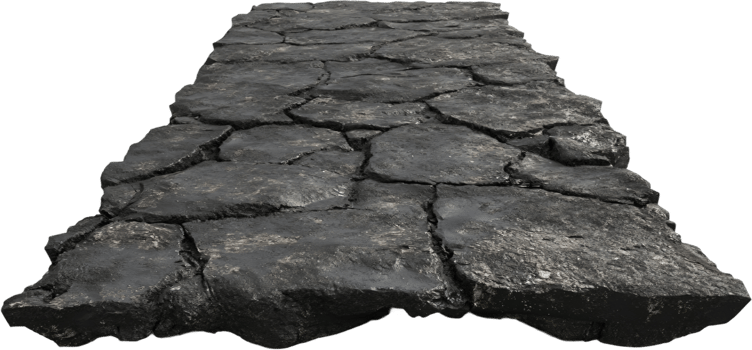 A dark stone pathway stretches forward with cracks dividing the irregularly shaped stones, isolated against a black backdrop creating an interesting sight. png