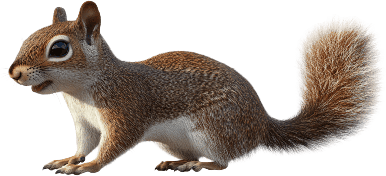 A squirrel with reddish-brown and white fur stands alert, its bushy tail curved upwards, ready to scamper away at any moment. png