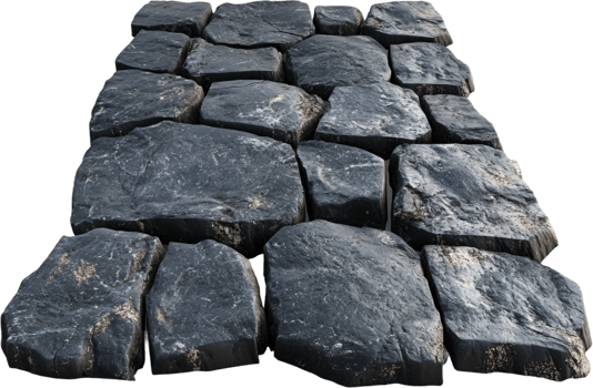 A dark, textured pathway of large, irregularly shaped stones laid closely together, creating a rugged and natural surface. png
