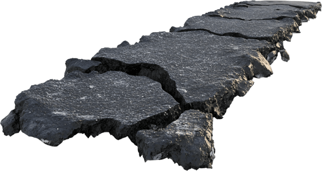 Section of damaged black asphalt road, broken and jagged edges, isolated against a black background, showing significant deterioration. png