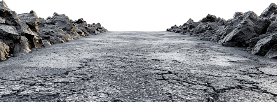 A cracked, gray road stretches towards a dark horizon, flanked by rocky terrain on either side, conveying a sense of desolation and journey. png