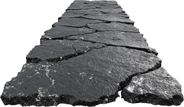 Fragmented asphalt pathway. This surface is heavily fractured. Showing road damage. Leading towards an unknown destination. png