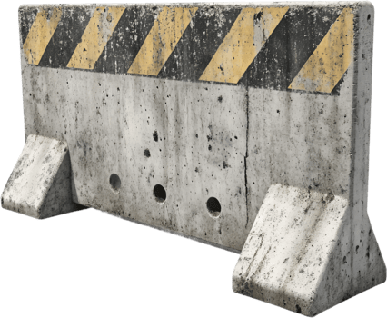 Weathered concrete barrier with caution stripes. Safety and security construction material. Road safety barrier. Provides vehicle and pedestrian control. png