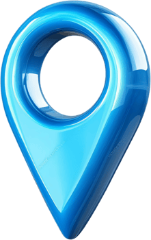 A glossy, translucent blue location pin floats against a stark black background, suggesting destinations, navigation, and modern technology. png