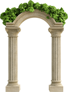 A stone archway supported by fluted columns is adorned with vibrant green plants, creating a blend of classical architecture and nature. png