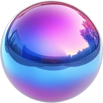 A spherical, highly reflective object showcases a vibrant color gradient with reflected scenery, capturing a surreal and modern aesthetic. png
