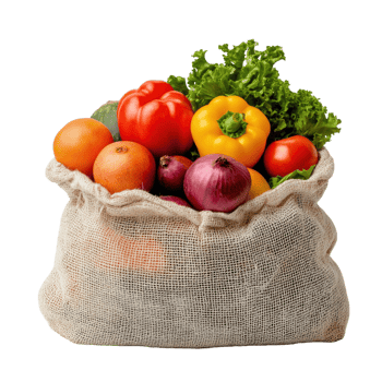 Fresh organic vegetables and fruits in burlap sack isolated on transparent background png