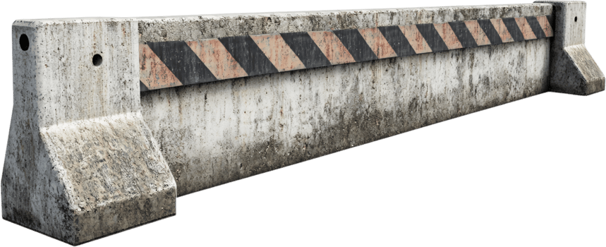 Weathered concrete barrier with black and orange stripes provides safety and traffic management in construction or roadwork areas. png
