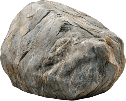 A rugged, grey rock with a textured surface, showcasing natural patterns and crevices against a stark, dark background. Isolated boulder. png