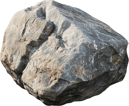 A large, irregularly shaped rock with a textured surface, exhibiting shades of gray, white, and tan, set against a dark background. png