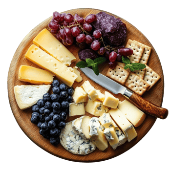 Cheese platter with assorted cheeses, grapes, and crackers isolated on transparent background, png