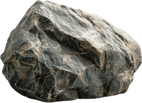 A massive, dark, rocky formation stands, showcasing rugged texture and detailed geology, isolated against a plain background. png