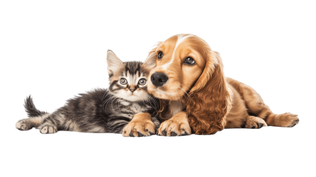 Cute dog and cat cuddling together on a white background looking friendly and playful png