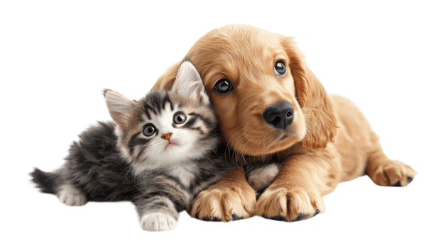 Cute puppy and kitten snuggling together on a white background showcasing their adorable friendship and playfulness png
