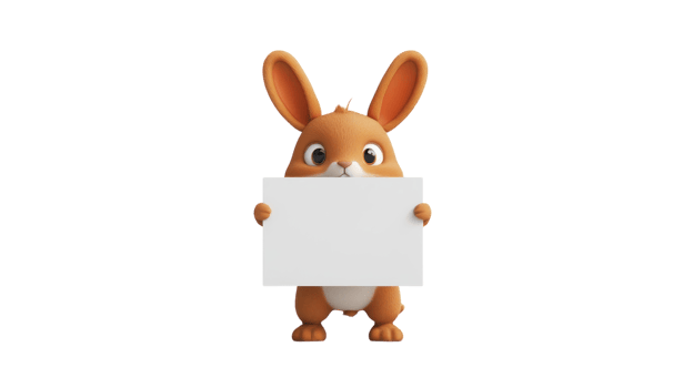 Cute cartoon rabbit holding a blank sign in a cheerful pose against a white background png