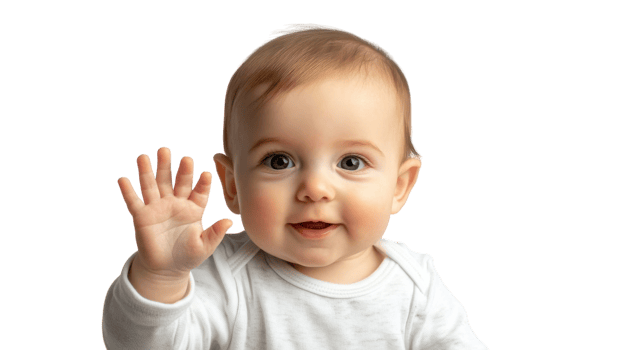 Baby waves cheerfully while smiling with bright eyes against a neutral background during daytime png