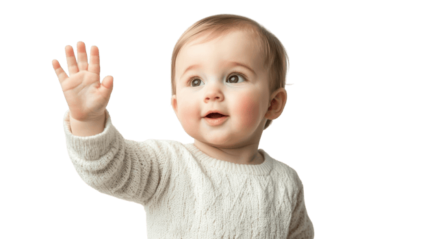 Charming baby waves hello while wearing a soft sweater in a bright setting png