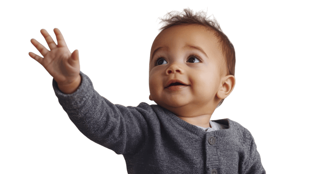 Baby joyfully reaching out while wearing a gray cardigan against a bright background png