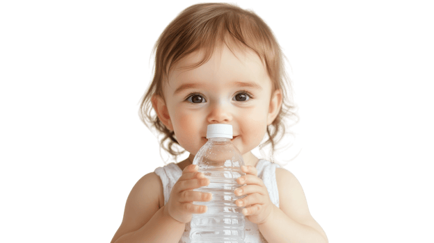 Baby enjoying water from a bottle with a joyful expression in a bright, cheerful setting png
