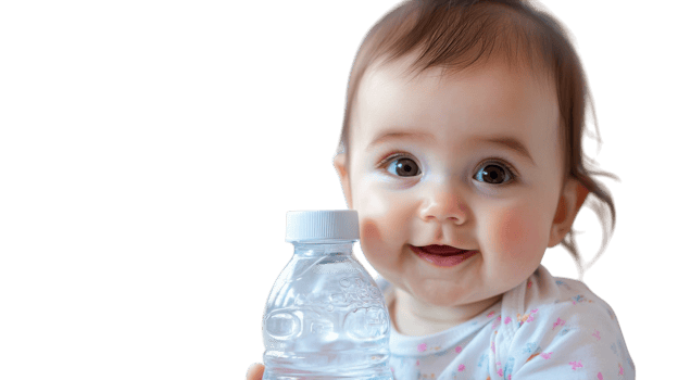 Cute baby smiling while holding a water bottle indoors during the day in a well-lit room png