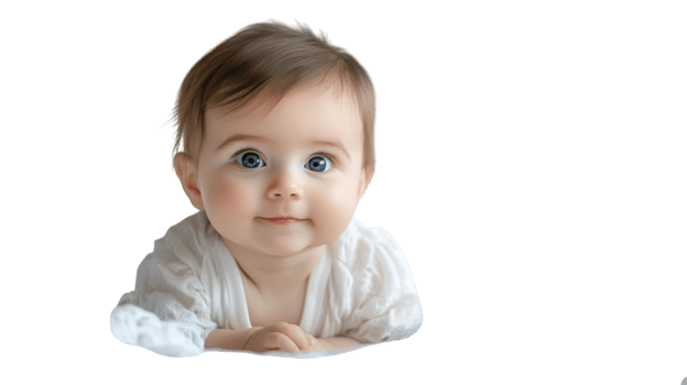 Cute baby with big blue eyes smiling while lying on a soft surface during a bright daylight moment png