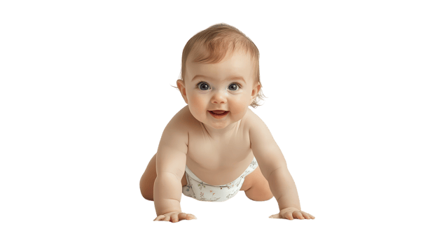 Baby crawling on hands and knees with a joyful expression in a bright and cheerful environment png
