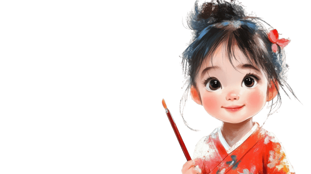 Young child in traditional clothing holding a paintbrush with a joyful expression on a bright background png