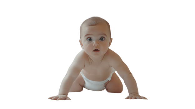 Curious baby crawling on hands and knees with an inquisitive expression in a bright setting png