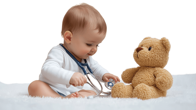 Baby plays doctor with stuffed bear using stethoscope at home, creating an imaginative and playful learning moment png