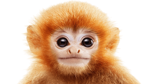 Cute young monkey with bright orange fur and large eyes gazing curiously at the viewer in a studio setting png