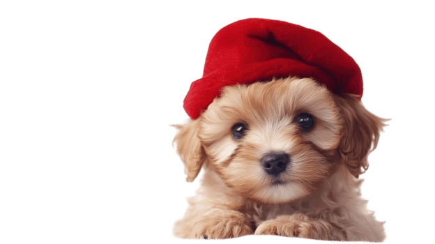 Cute puppy wearing a red hat poses for a charming portrait in a bright, minimalistic setting png