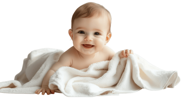 Baby sitting on soft blanket with a joyful expression at home during daytime png