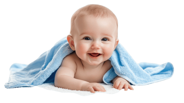 Happy baby playing on soft white surface covered with blue towel, smiling with joy and excitement during a cozy afternoon png