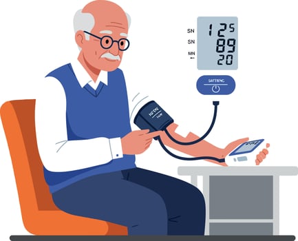 Elderly man checking his blood pressure with a digital monitor in a flat, minimal illustration showcasing health and wellness vector