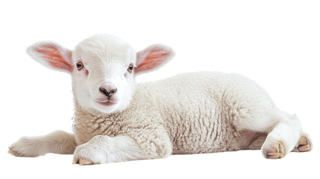 Baby lamb resting comfortably on a white background in a serene indoor environment during a bright afternoon png