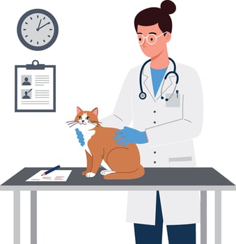 A veterinarian in a white coat gently examines a ginger cat on a table with medical documents in a flat illustration vector