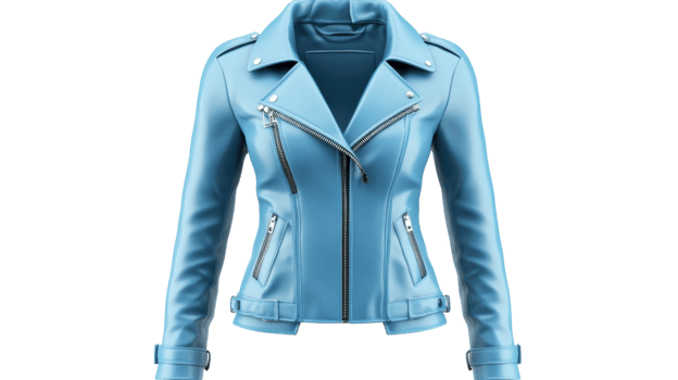 Stylish blue leather jacket showcasing modern design with multiple zippers and a fitted silhouette ideal for contemporary fashion png