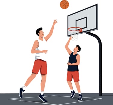Two basketball players engaging in a friendly game with a flat design style featuring vibrant colors and dynamic motion, illustration vector