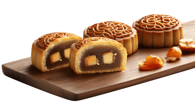 Mooncakes displayed on a wooden board highlight traditional flavors and textures during the festive season png