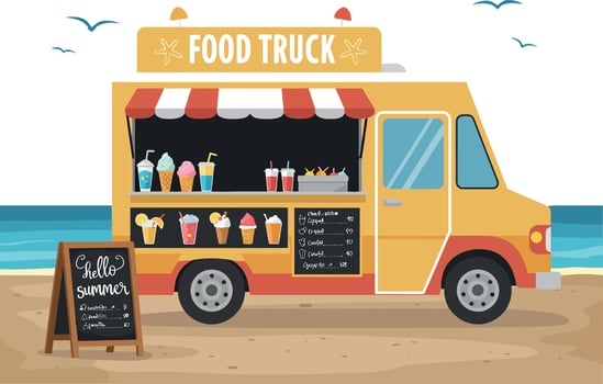 Colorful food truck parked on sandy beach serving refreshing drinks and snacks in cheerful flat art vector