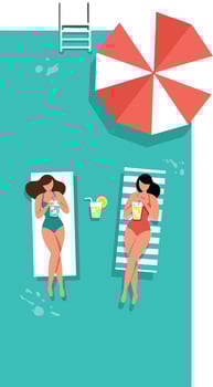 Two women relaxing under a red and white umbrella on sun loungers in a flat design illustration vector