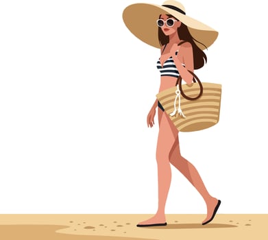 Stylish woman walking along a sandy beach wearing a striped bikini and oversized hat in flat art vector