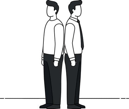 Two business professionals standing back to back in a minimalistic style showcasing contrast and collaboration in art vector