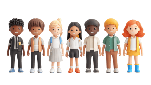 Group of diverse figurines representing children engaging in play, showcasing different outfits and hairstyles in a colorful arrangement png
