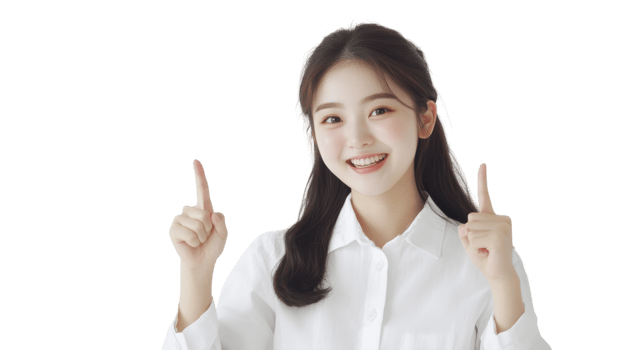 Young woman smiling and pointing upwards with both hands in a bright, neutral setting png